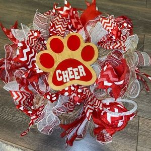 Red & white burlap & ribbon Cheer door wreath